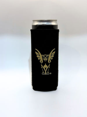 Black can Koozie with a logo on a white background