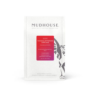 Bag of Mudhouse Thomas Jefferson Airplane whole bean coffee, a washed Ethiopian and Colombian blend
